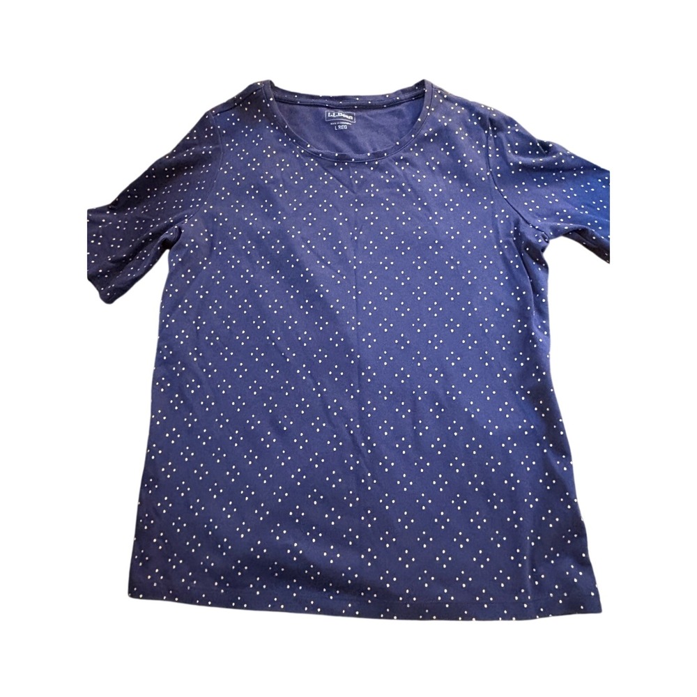 LL Bean Womens Blue All Over Small Dot Print Crew Neck T Shirt Top Size L